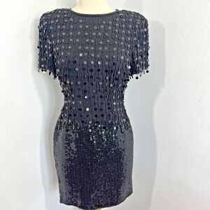 Kathryn Conover Mini Dress Womens 4 Black  Beaded Sequins Whimsical Goth Party